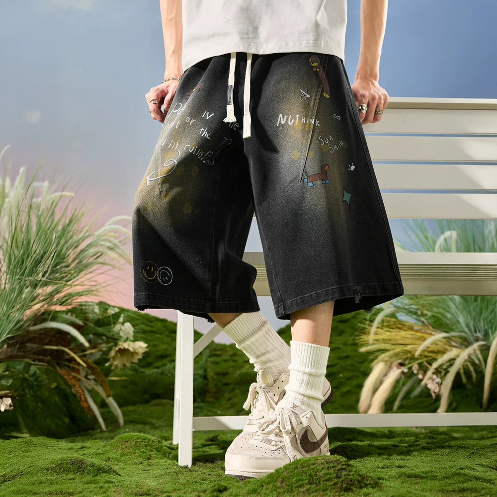 Nuthink American fashion brand sausage dog dog washed denim shorts men's cropped pants 2026 new summer