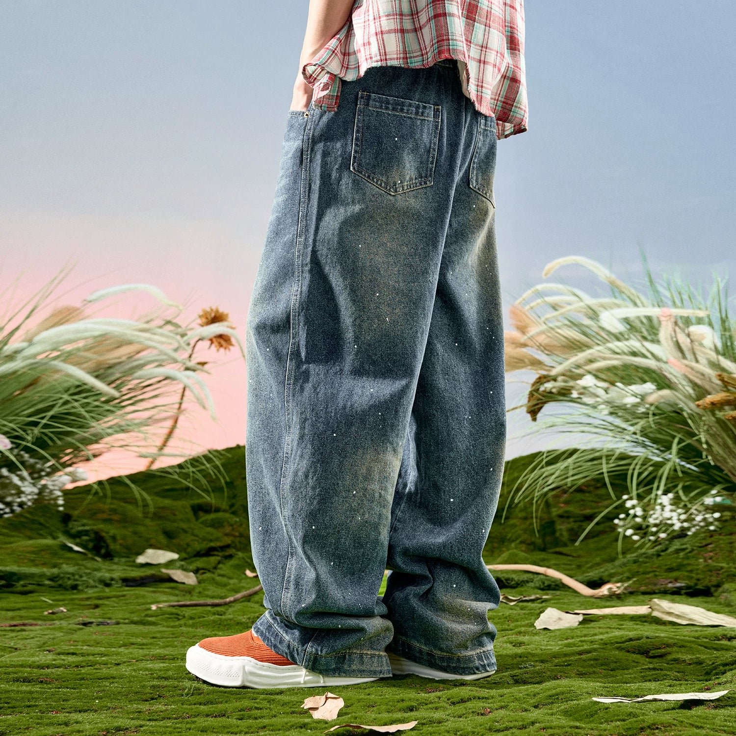 Nuthink American retro splashed ink wide leg jeans washed loose curved knife pants men's new style for spring 2026