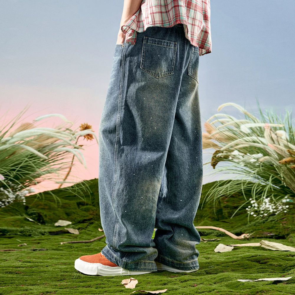 Nuthink American retro splashed ink wide leg jeans washed loose curved knife pants men's new style for spring 2026