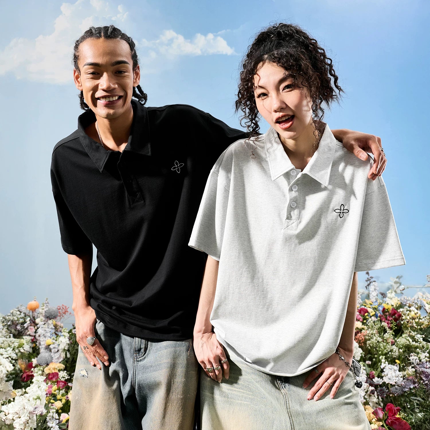 Nuthink American fashion brand simple embroidery four leaf clover polo shirt men's short sleeved loose women 2026 new summer