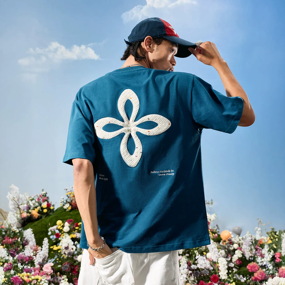 Nuthink American Trendy Brand Embroidered Four Leaf Clover Letter Short Sleeve Men's T-shirt Women's High End 2026 New Summer Edition