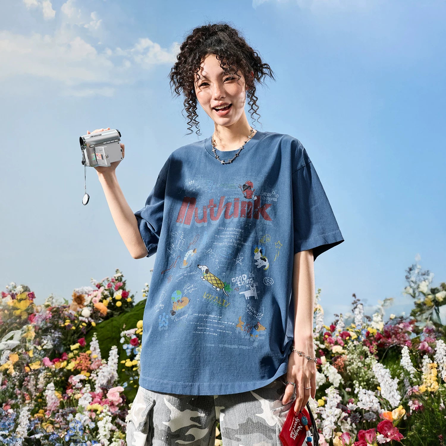 Nuthink American Retro Trendy Brand Washed Old Dog Letter Graffiti Short sleeved T-shirt for Men and Women 2026 New Summer
