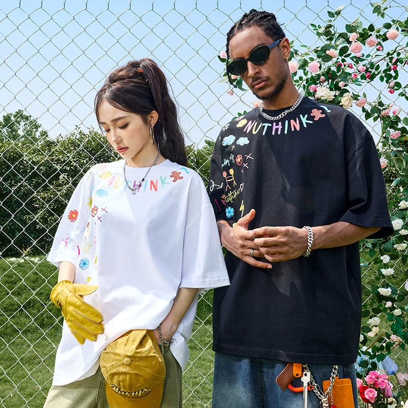 Nuthink Dopamine Cartoon Graffiti Short Sleeve T-shirt American Trendy Brand Printed Heavy Half Sleeve Men and Women Summer 2026