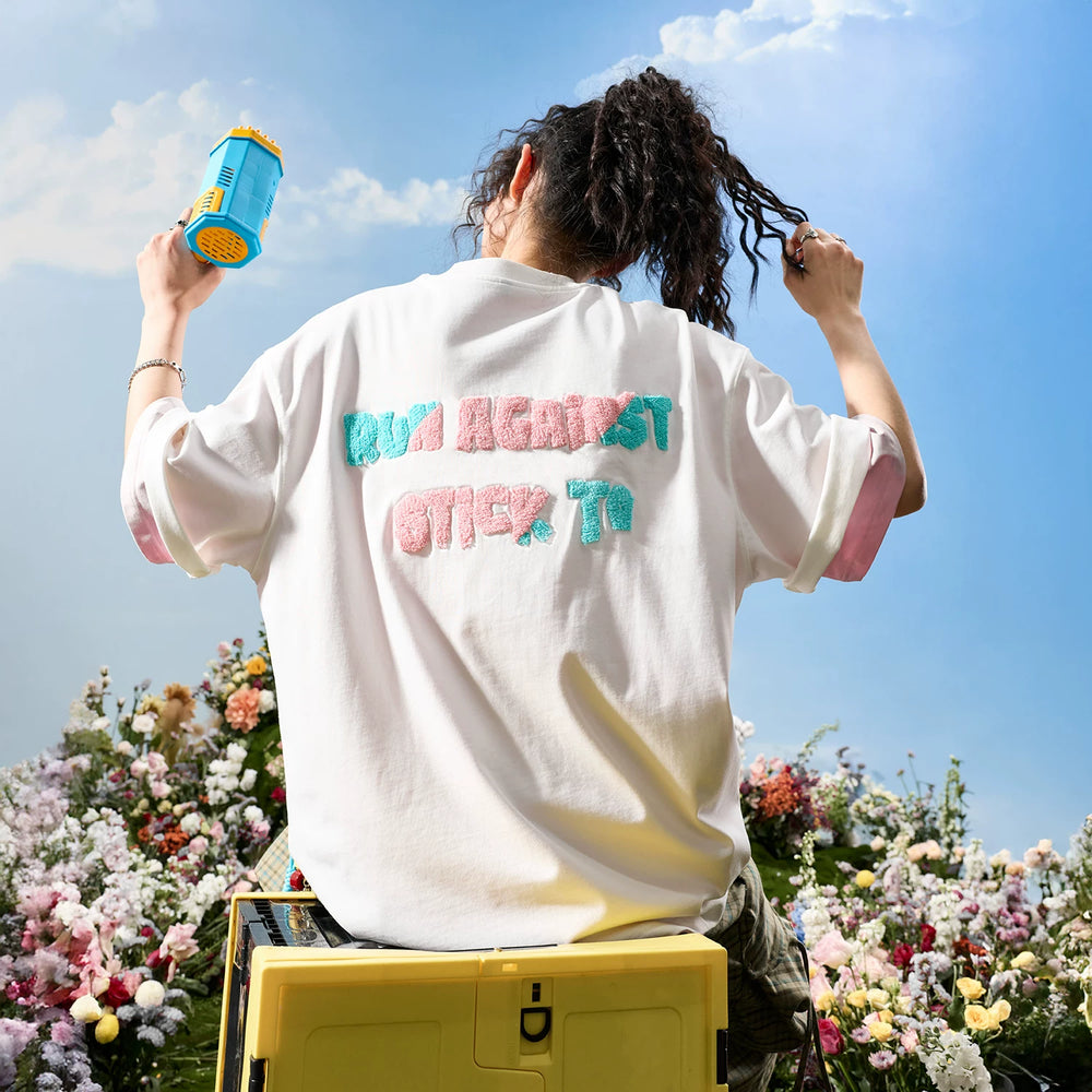 Nuthink American fashion brand embroidered contrasting letters dopamine short sleeved T-shirt for couples 2026 new summer collection