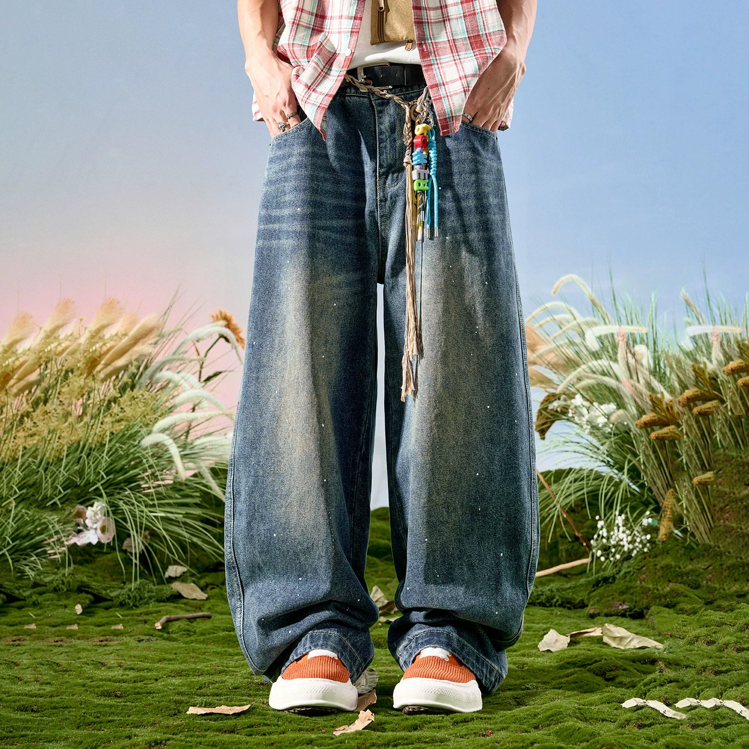 Nuthink American retro splashed ink wide leg jeans washed loose curved knife pants men's new style for spring 2026