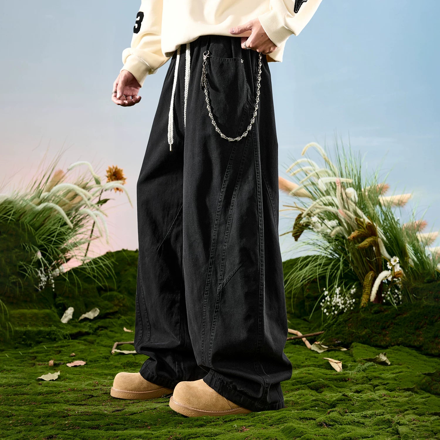 Nuthink American retro workwear wide leg curved knife pants spliced loose drawstring pants men's new model for spring 2026
