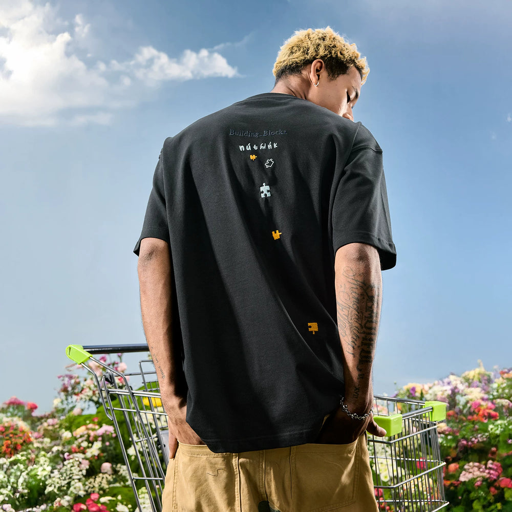 Nuthink American minimalist trendy brand embroidered letter puzzle T-shirt short sleeved dopamine couple 2026 summer new item