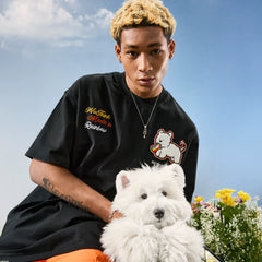 Nuthink American Trendy Dog T-shirt Embroidered Men's Short Sleeve Loose Couple Women 2026 Summer New Style