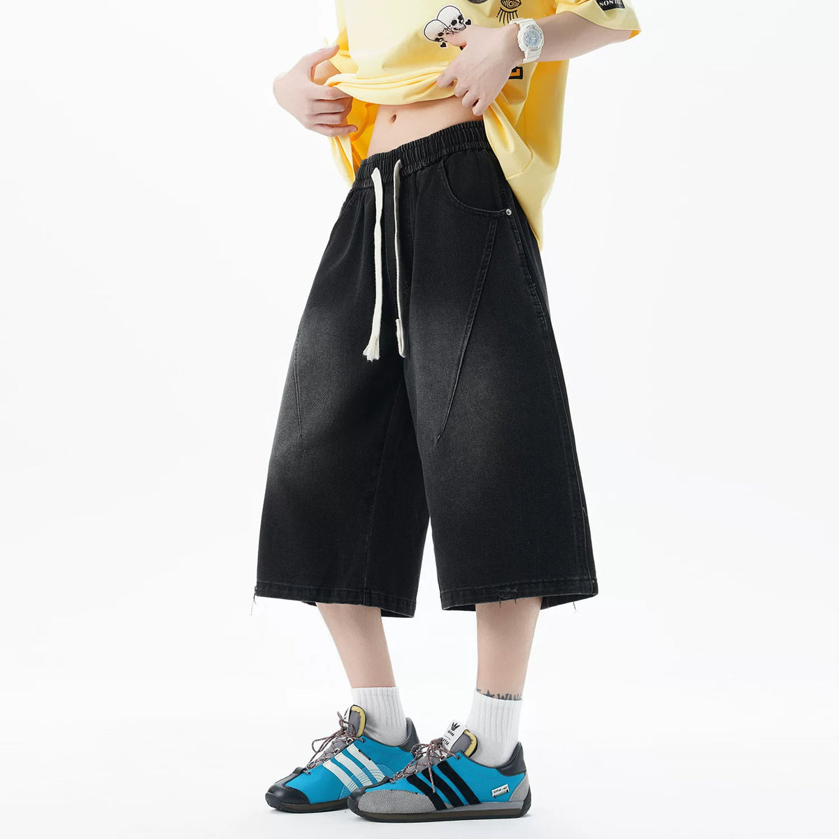 Nuthink American retro straight leg denim shorts, cropped pants, trendy brand casual elastic men and women, 2026 summer new item