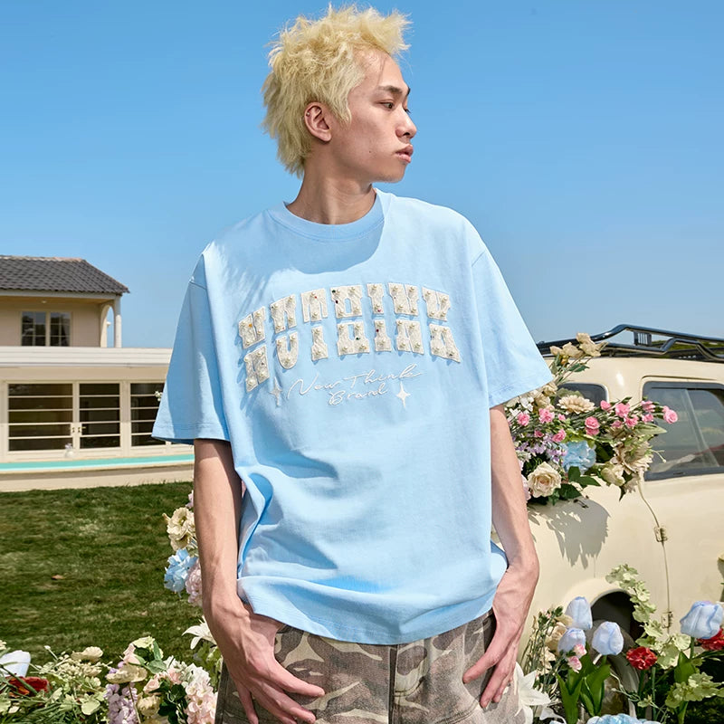 Nuthink Embroidered Pearl Heavy Short Sleeve T-shirt Trendy Brand Letter American Retro Loose Men and Women Summer 2026