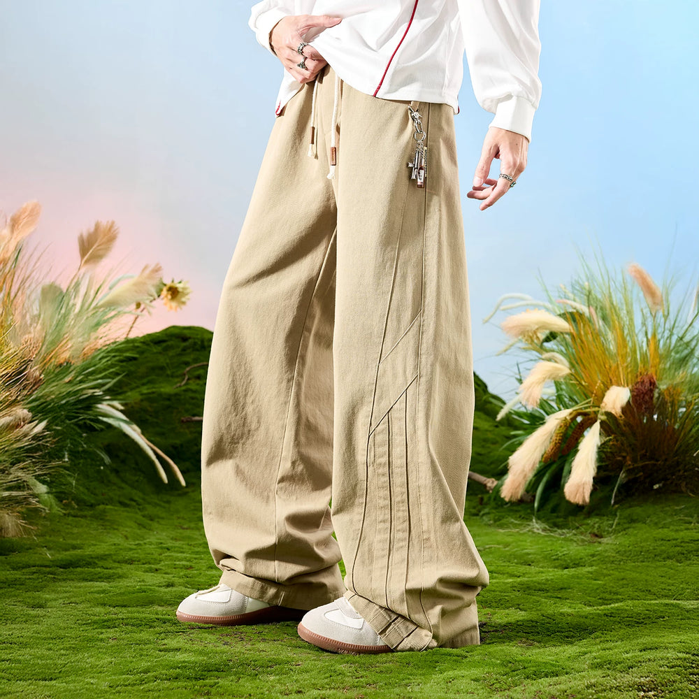 Nuthink American retro street splicing wide leg curved knife work pants with fleece pants for men, spring 2026