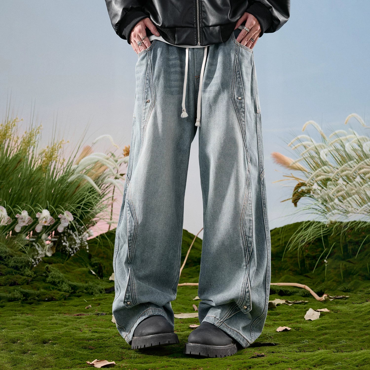 Nuthink American Retro Splicing Wide Leg Jeans, Washed and Used Crooked Pants, Men's Long Pants, Spring 2026