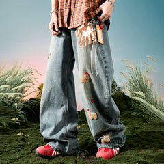 Nuthink American Embroidered Dog Jeans Washed Retro Plush Pants Men's Pants Spring 2026