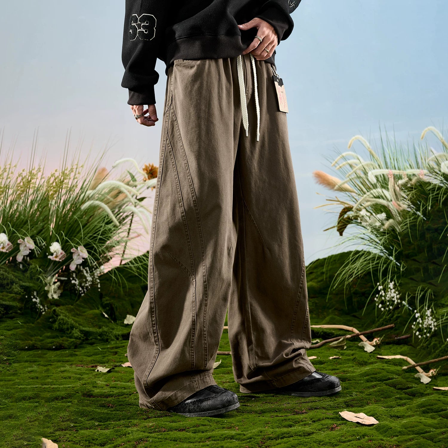 Nuthink American retro workwear wide leg curved knife pants spliced loose drawstring pants men's new model for spring 2026