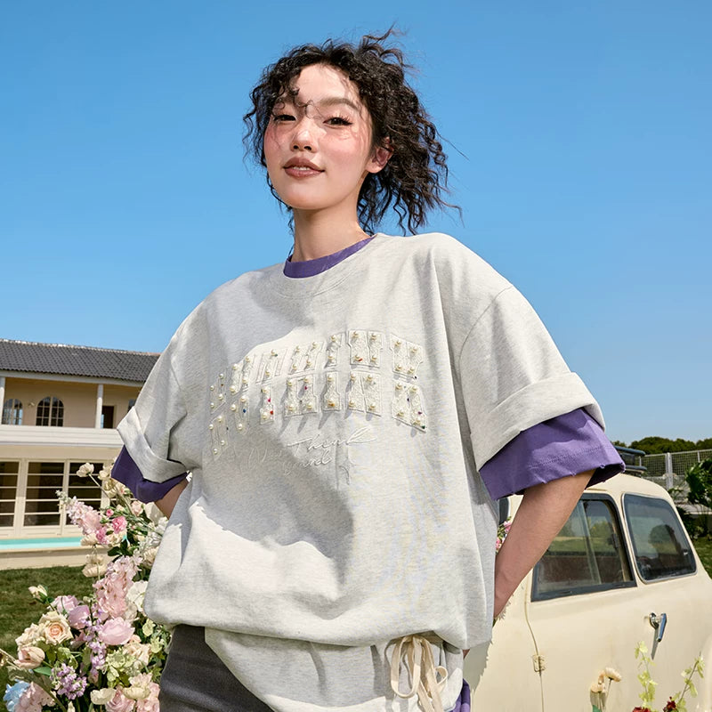 Nuthink Embroidered Pearl Heavy Short Sleeve T-shirt Trendy Brand Letter American Retro Loose Men and Women Summer 2026