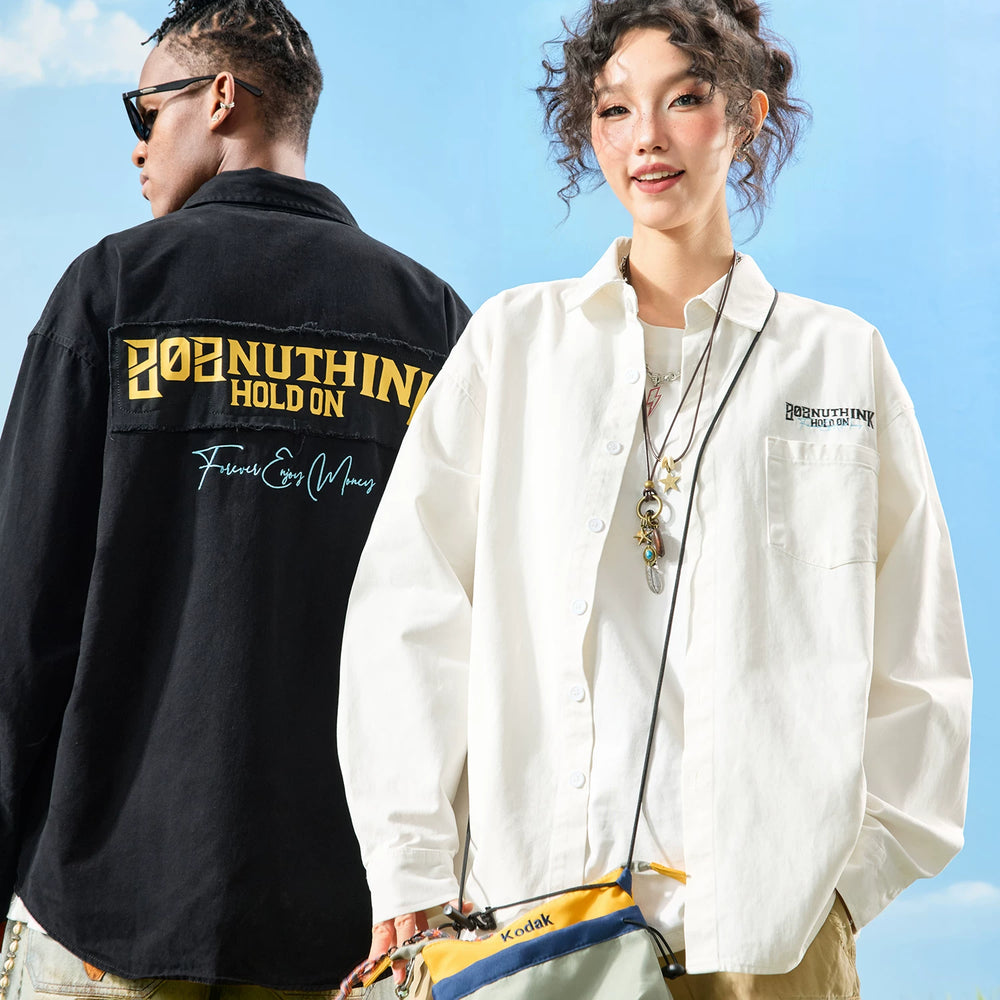 Nuthink American Trendy Brand Embroidered Long Sleeve Shirt with Embroidered Edge, Retro Loose, Men's and Women's Spring 2026 New Collection
