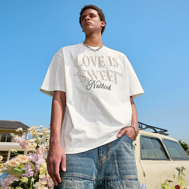 Nuthink American Retro T-shirt Heavy duty Cotton Embroidered Letter Short Sleeve unisex