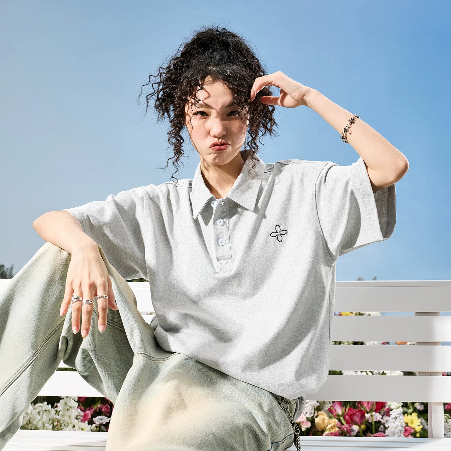 Nuthink American fashion brand simple embroidery four leaf clover polo shirt men's short sleeved loose women 2026 new summer