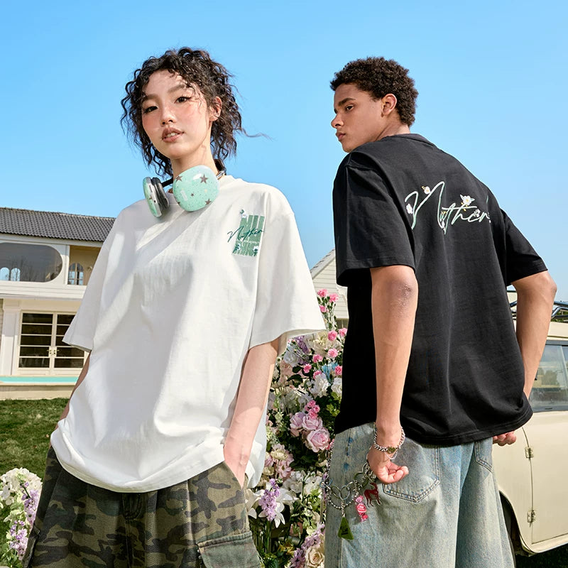 Nuthink Heavy Embroidered Short Sleeve T-shirt Flower Couple Letter American Trendy Brand Loose Men and Women New Summer 2026