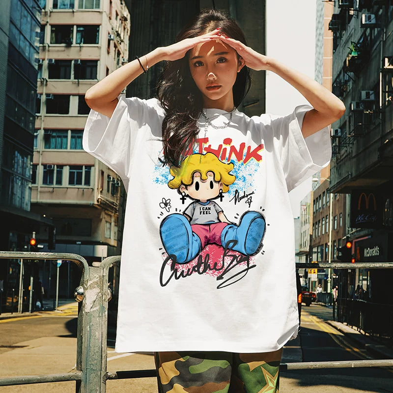 Nuthink American Trendy Cartoon T-shirt Men's Trendy Loose Short Sleeve Men's Summer Large Half Sleeve Couple Top