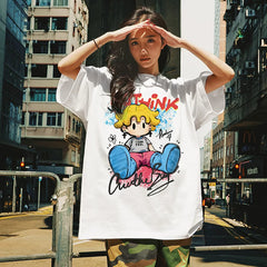 Nuthink American Trendy Cartoon T-shirt Men's Trendy Loose Short Sleeve Men's Summer Large Half Sleeve Couple Top