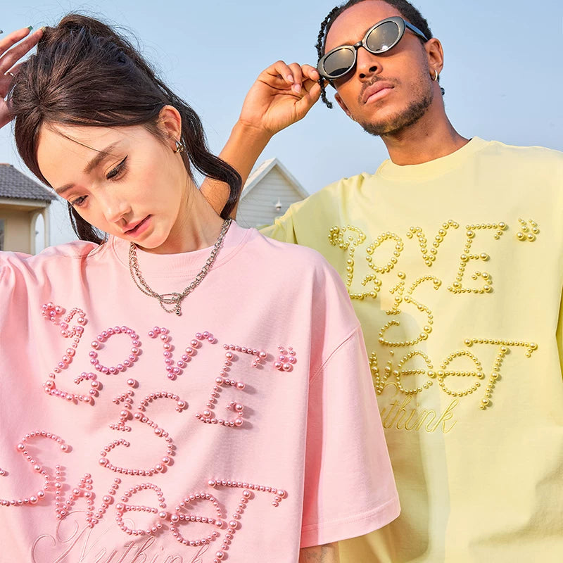 Nuthink Dopamine Pearl Short Sleeve T-shirt Letter Trendy Brand Loose Half Sleeve Male and Female Couple New Style for Summer 2026