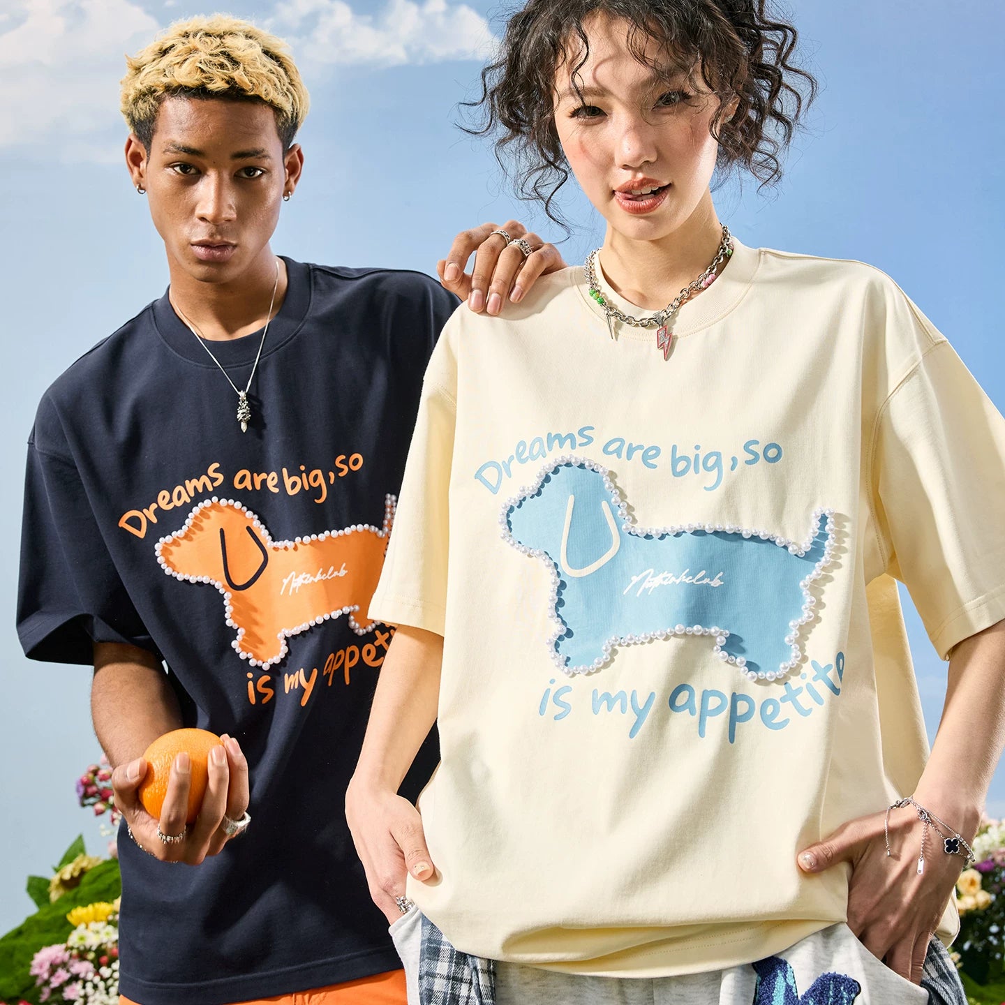 Nuthink American retro pearl puppy short sleeved T-shirt for men, trendy brand letter couple for women, 2026 summer new item