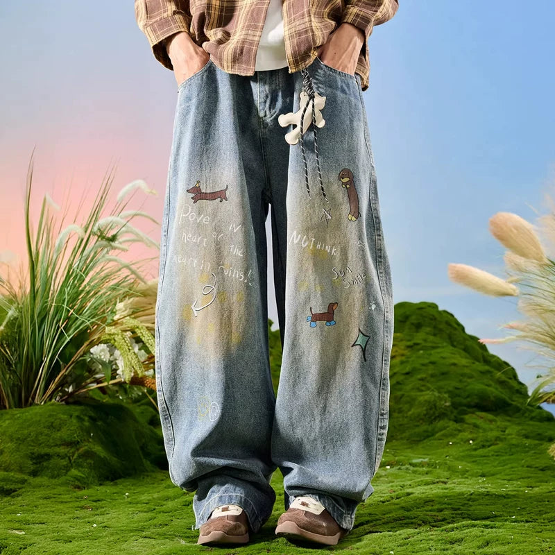 Nuthink American retro style puppy jeans, wide-leg, washed, distressed, drapey pants for men, new model for spring 2026