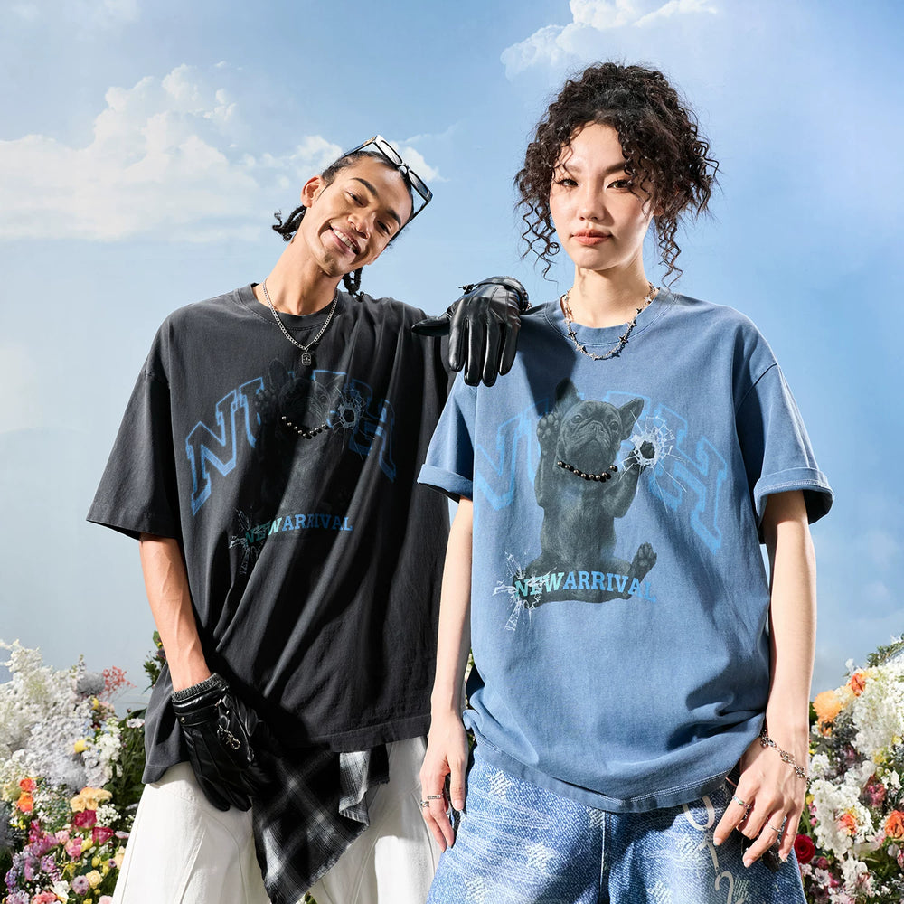 Nuthink American retro trendy brand washed and worn puppy short sleeved men's pearl T-shirt women's 2026 summer new item
