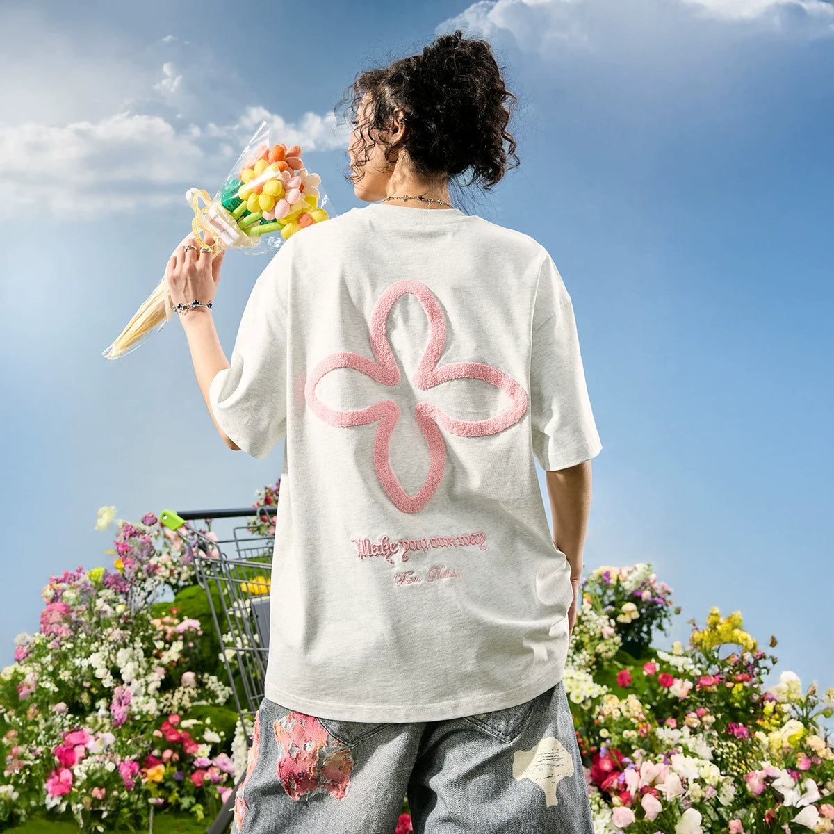 Nuthink American Trendy Four Leaf Clover Embroidered Letter Short Sleeve T-shirt Dopamine Men and Women 2026 Summer New Collection