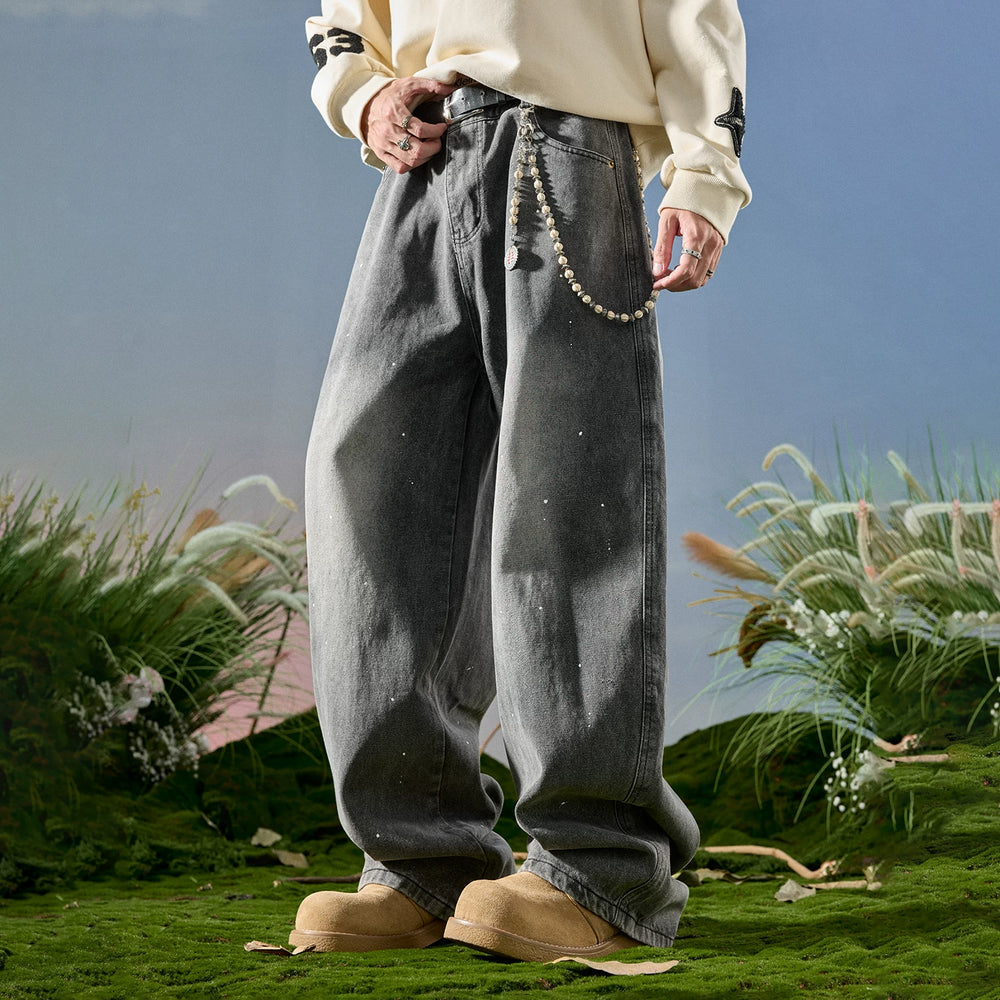Nuthink American retro splashed ink wide leg jeans washed loose curved knife pants men's new style for spring 2026
