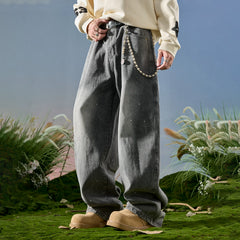 Nuthink American retro splashed ink wide leg jeans washed loose curved knife pants men's new style for spring 2026