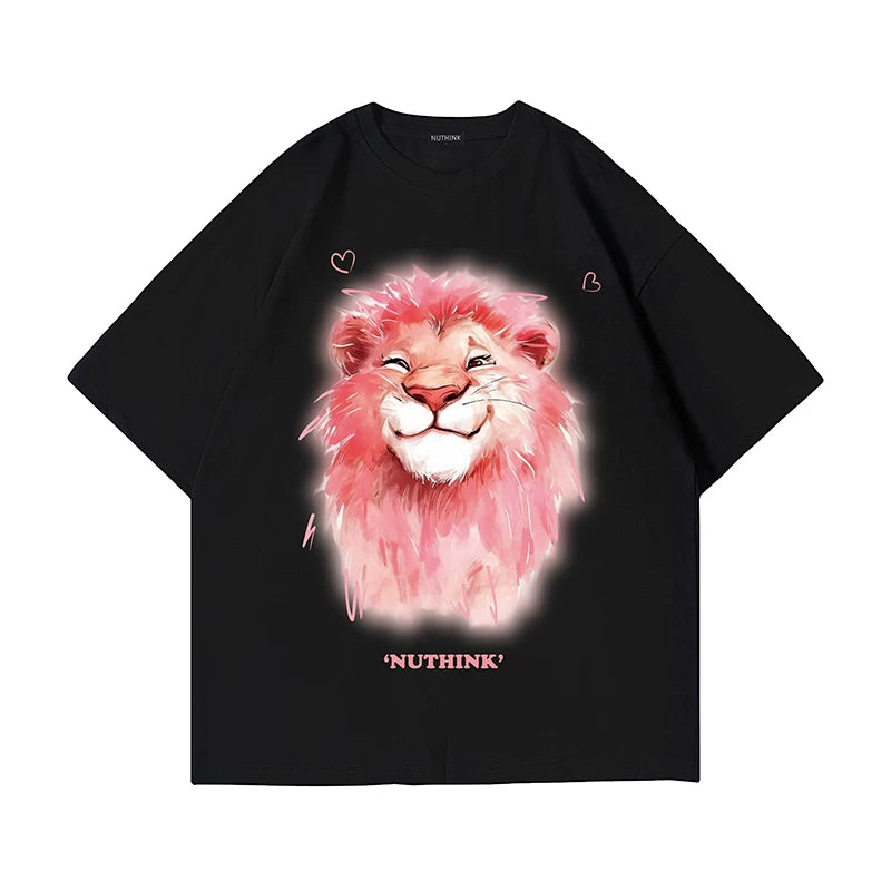 Nuthink heavyweight niche couple lion short sleeved men's summer American T-shirt trend loose oversized half sleeved top