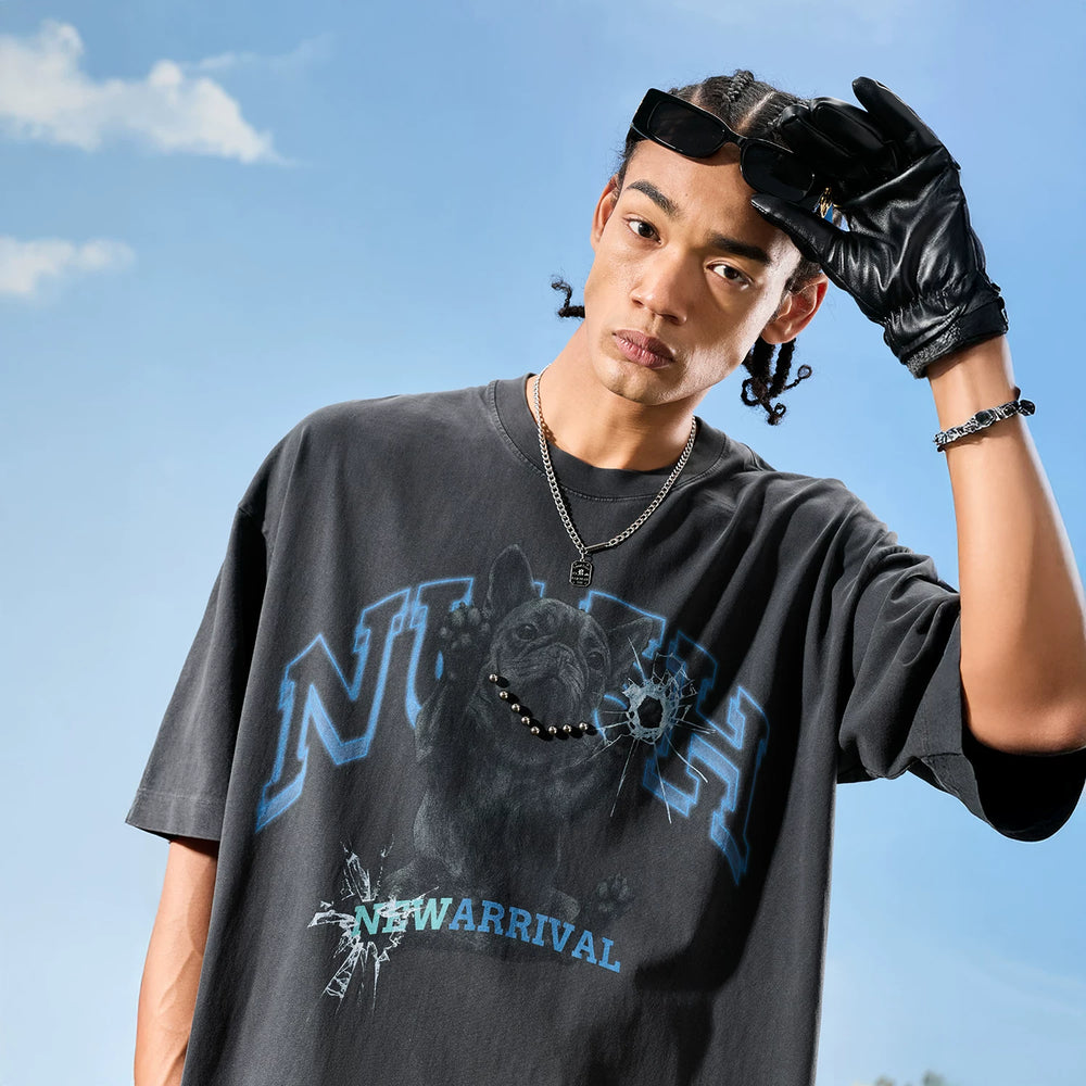 Nuthink American retro trendy brand washed and worn puppy short sleeved men's pearl T-shirt women's 2026 summer new item