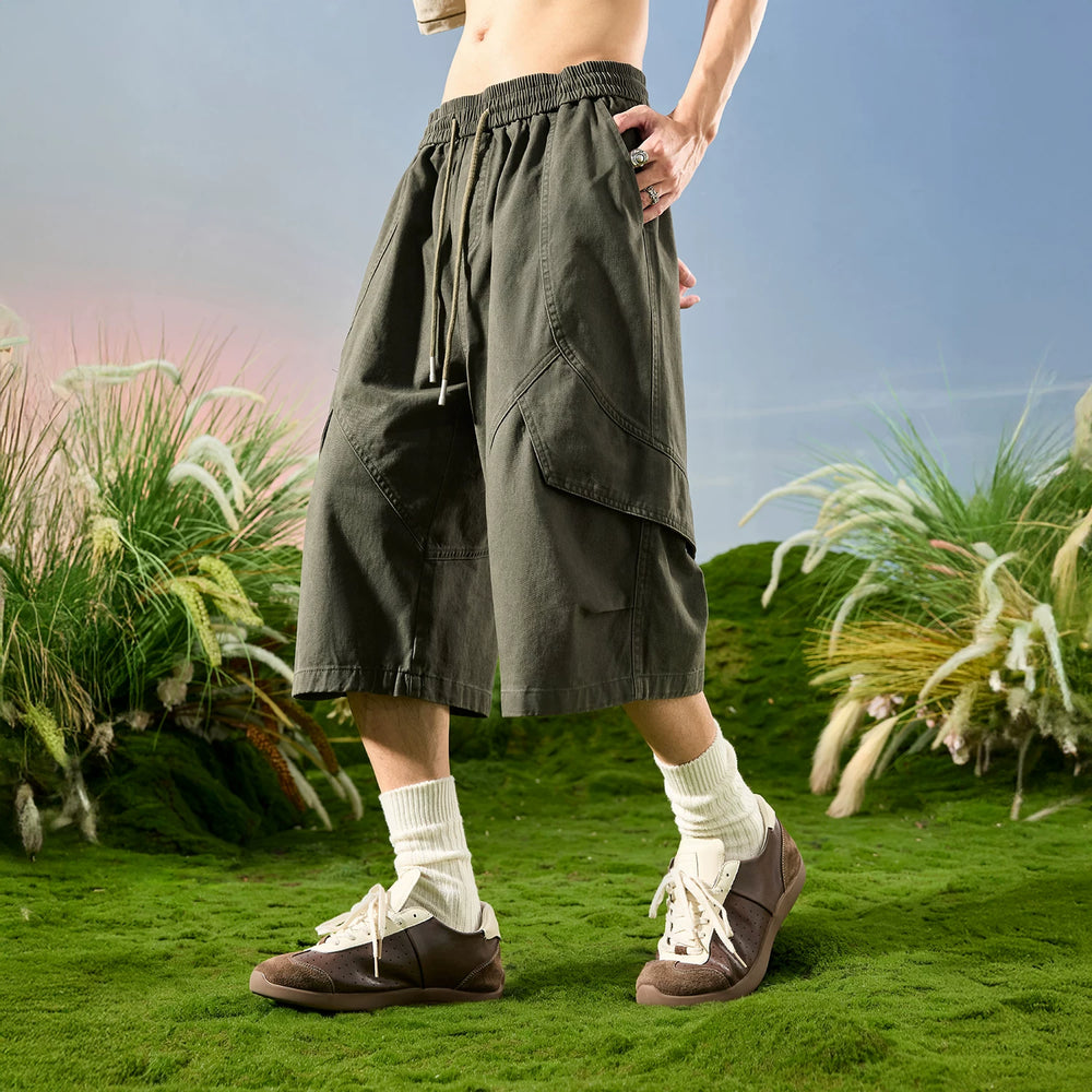 Nuthink American Trendy Brand Loose Wide Leg Seven Leg Splicing Multi Pocket Shorts for Men, 2026 New Summer Collection
