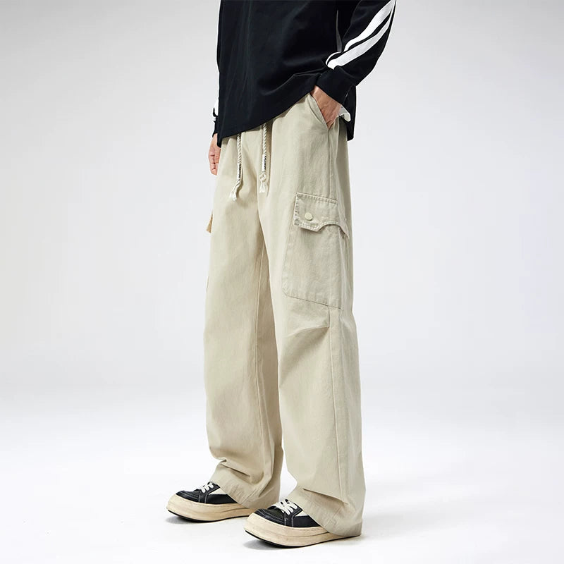 Nuthink American workwear pants with large pockets and thick fleece, casual straight leg pants, men's trendy autumn men's pants