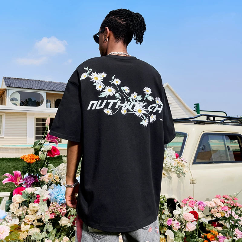 Nuthink Daisy Embroidered Letter Short Sleeve T-shirt American Retro Trendy Brand Couple Men and Women 2026 Summer New Collection