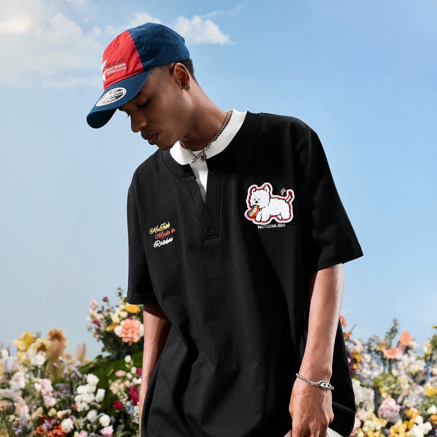 Nuthink American Trendy Brand Fake Two Piece Embroidered Dog Letter Short Sleeve T-shirt for Men and Women Loose 2026 Summer New Collection