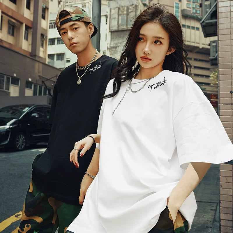 Nuthink China-Chic Loose Fashion Couple Dress Simple Short Sleeve T-shirt Men Fashion Brand Summer Large Size Couple Half Sleeve Fashion