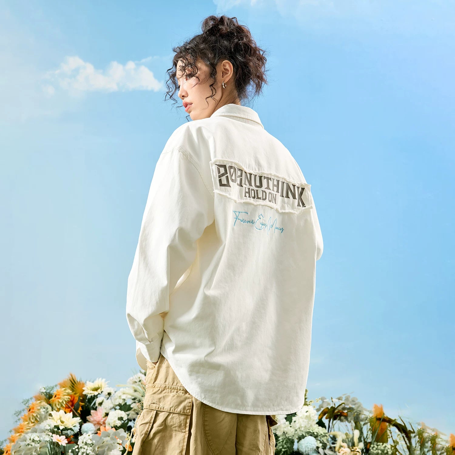Nuthink American Trendy Brand Embroidered Long Sleeve Shirt with Embroidered Edge, Retro Loose, Men's and Women's Spring 2026 New Collection