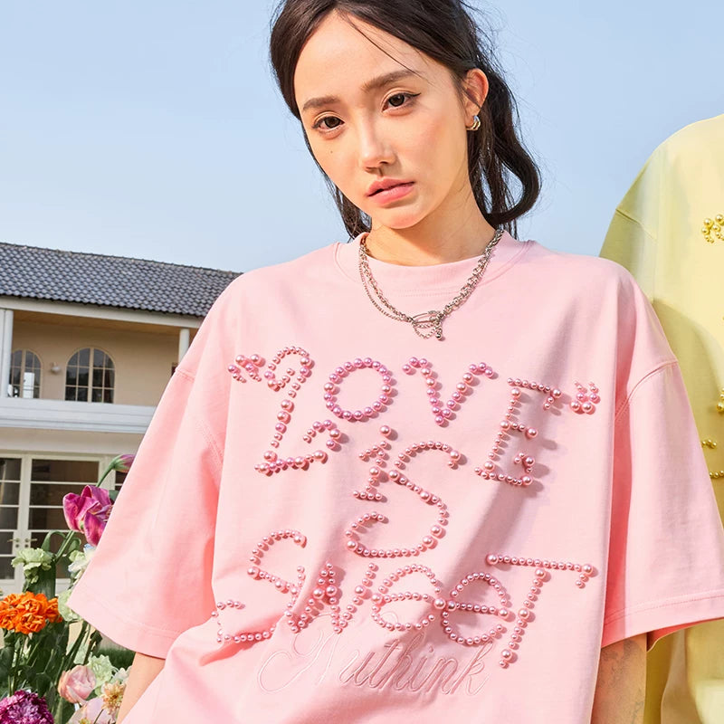 Nuthink Dopamine Pearl Short Sleeve T-shirt Letter Trendy Brand Loose Half Sleeve Male and Female Couple New Style for Summer 2026