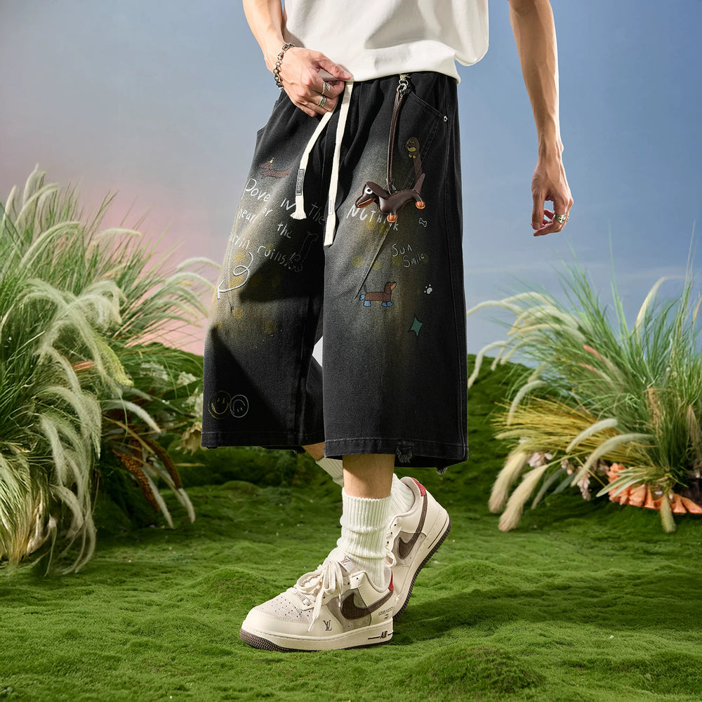 Nuthink American fashion brand sausage dog dog washed denim shorts men's cropped pants 2026 new summer
