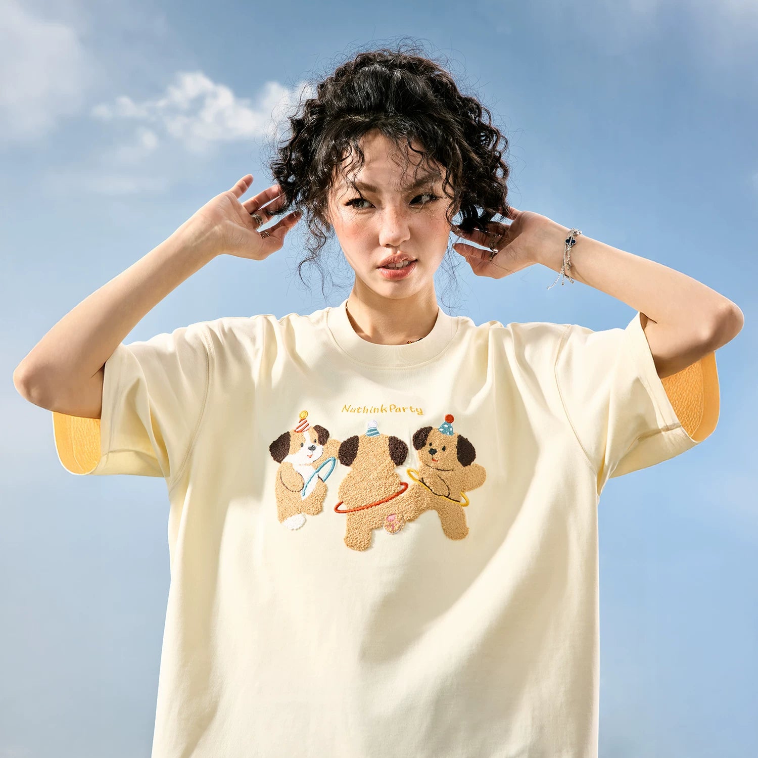 Nuthink American fashion brand embroidered puppy T-shirt short sleeved unisex couple cartoon 2026 summer new item