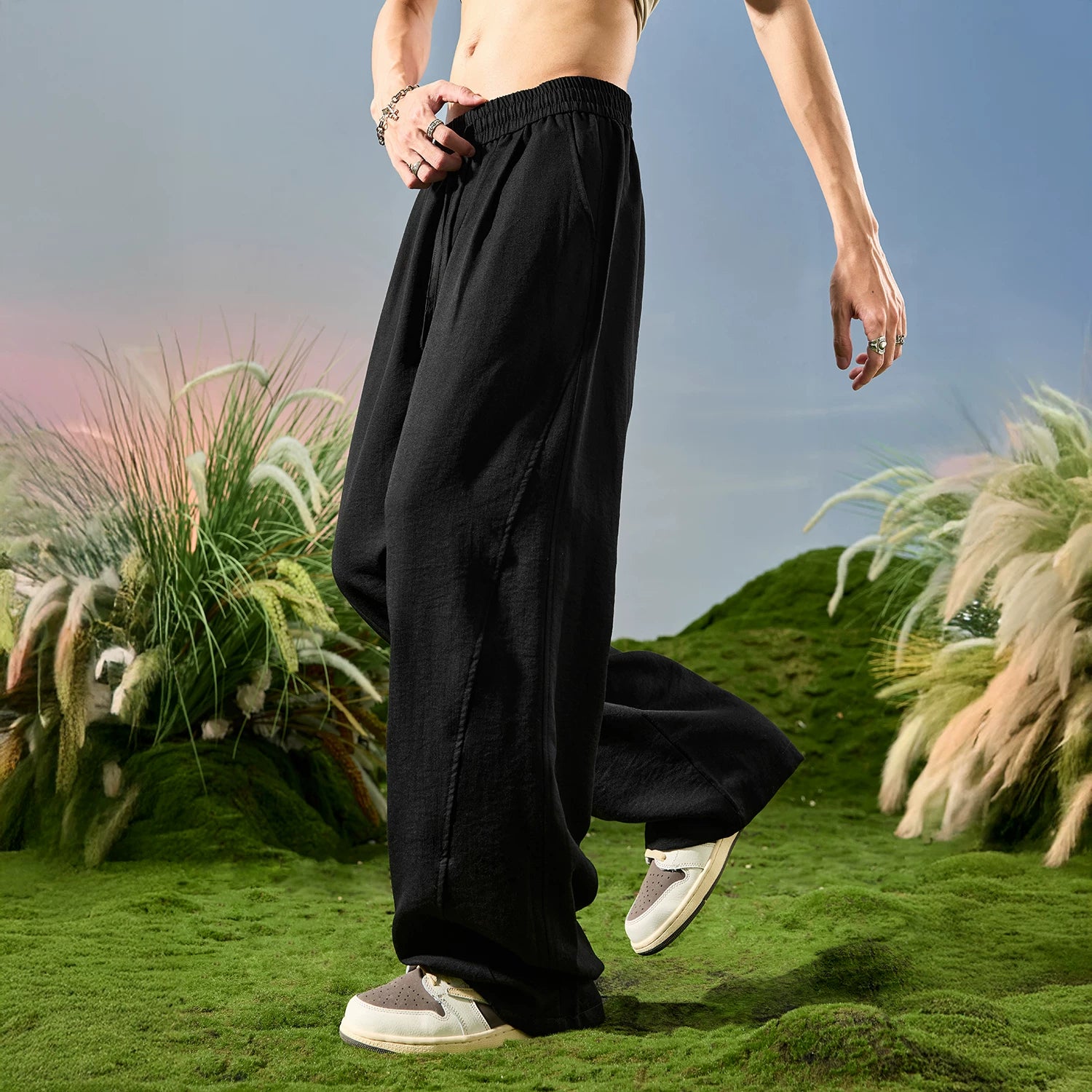 Nuthink American Trendy Brand Hanging Wide Leg Pants Loose Splicing Bent Knife Pants Men's Cool 2026 New Autumn Edition