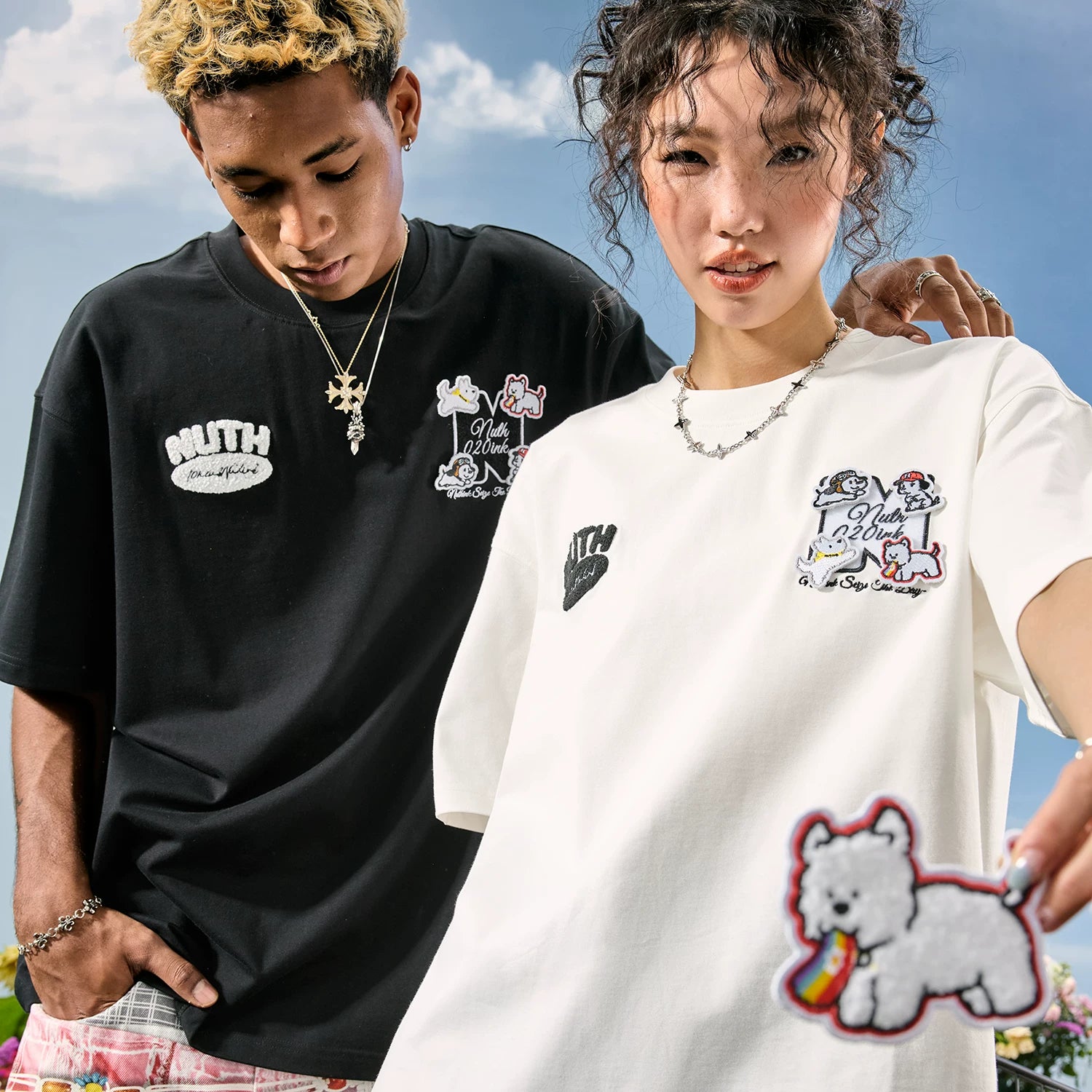 Nuthink American Trendy Brand Embroidered Dog Letter Short Sleeve Men's T-shirt Women's Velcro 2026 Summer New Collection