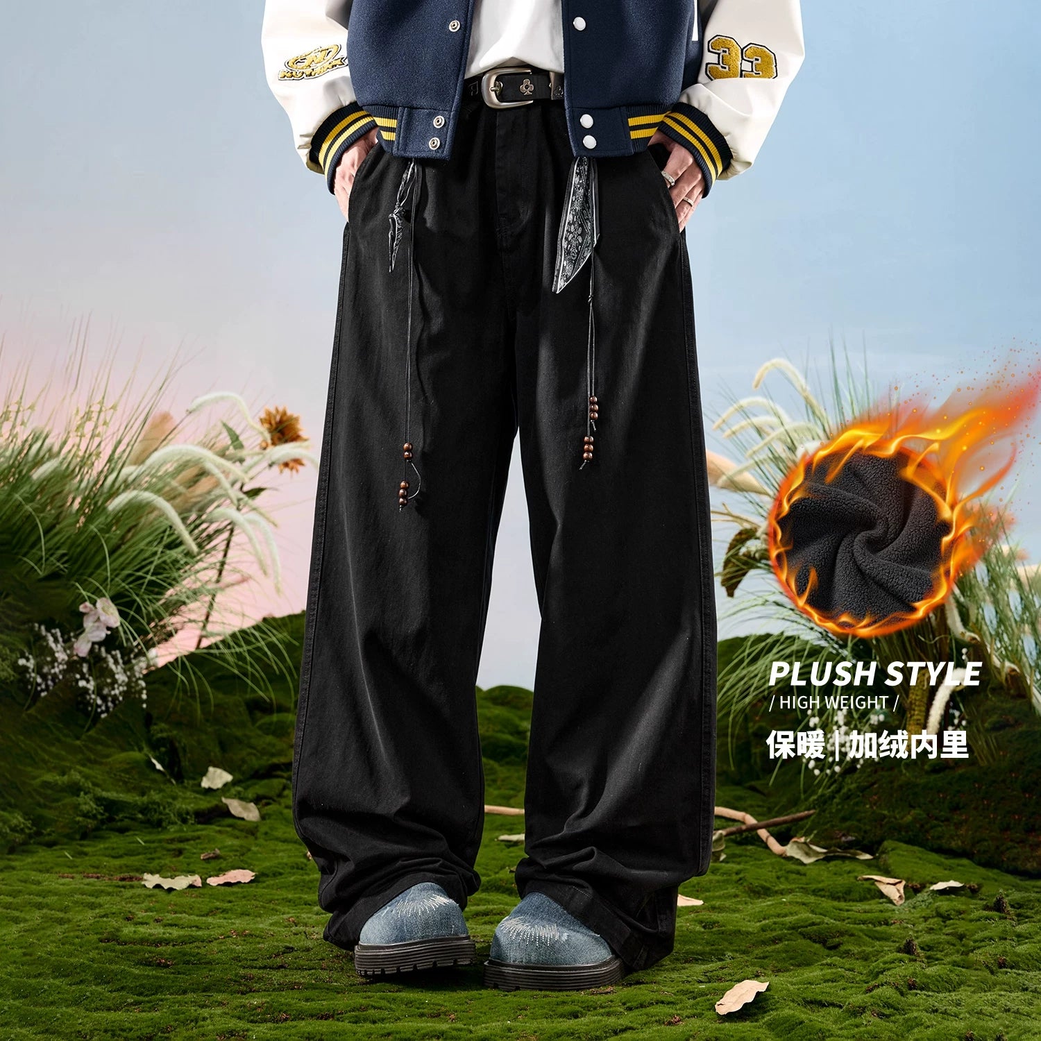 Nuthink American retro workwear logging pants loose and plush thick casual pants men's winter new 2026