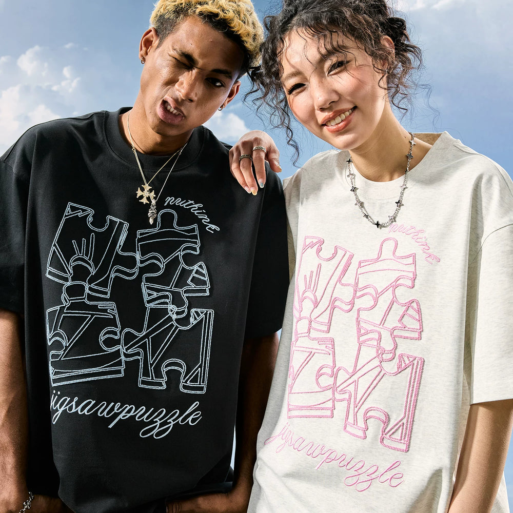 Nuthink American retro trendy brand dopamine embroidery puzzle short sleeved T-shirt for couples, summer 2026 new item