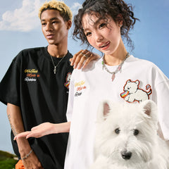 Nuthink American Trendy Dog T-shirt Embroidered Men's Short Sleeve Loose Couple Women 2026 Summer New Style