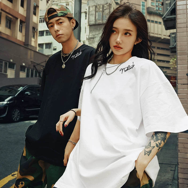 Nuthink China-Chic Loose Fashion Couple Dress Simple Short Sleeve T-shirt Men Fashion Brand Summer Large Size Couple Half Sleeve Fashion