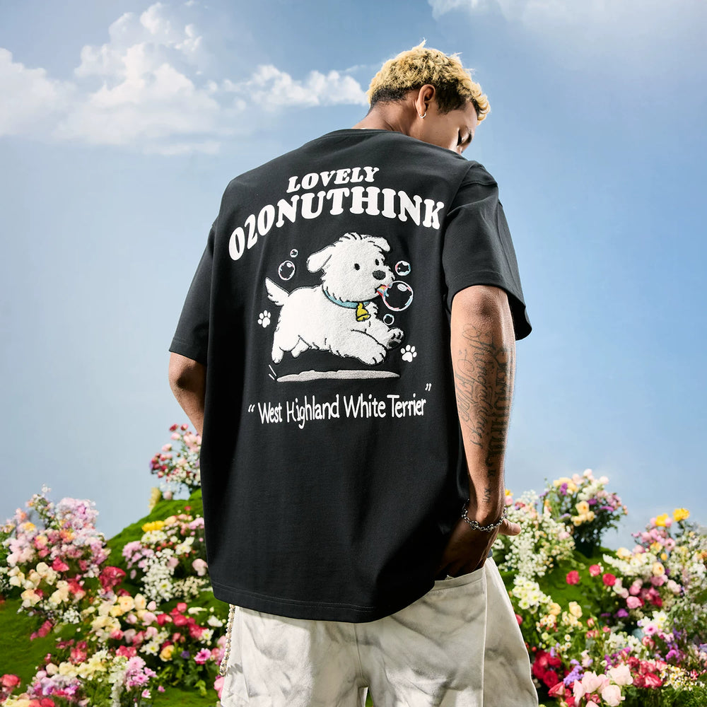 Nuthink American Heavy Industry Embroidery Cartoon Dog T-shirt Men's Trendy Brand Letter Short Sleeve Women's 2026 Summer New Style